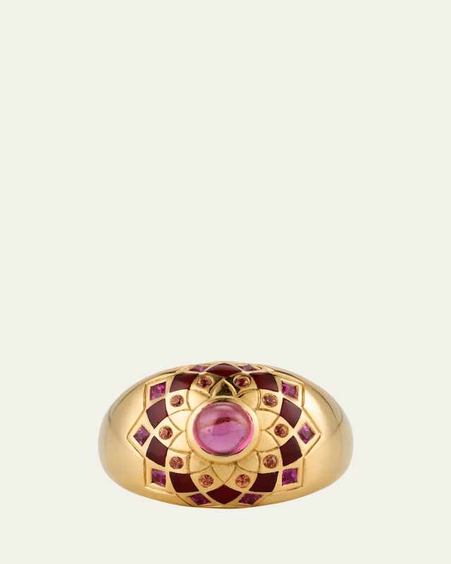 18K Yellow Gold Temple Mandala Dome Ring with Carnelian, Sapphires and Pink Tourmaline, Size
